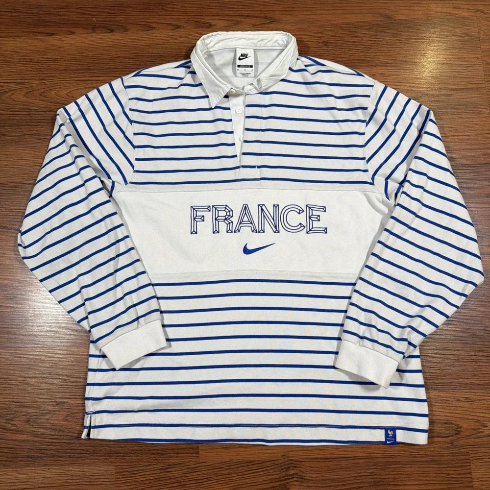 Nike France FFF Long Sleeve Rugby Shirt Jersey Striped White Blue Men's Size M